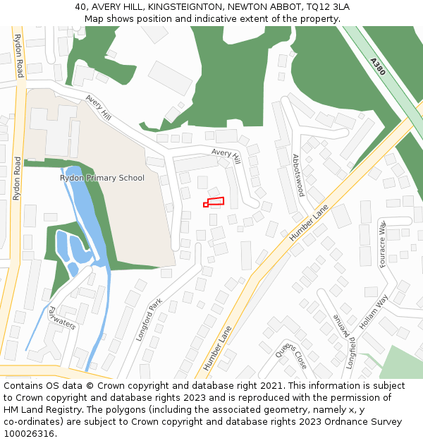 40, AVERY HILL, KINGSTEIGNTON, NEWTON ABBOT, TQ12 3LA: Location map and indicative extent of plot