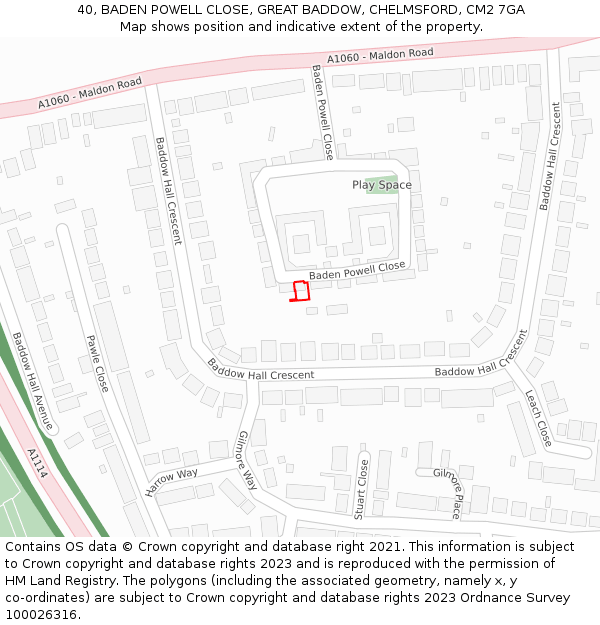 40, BADEN POWELL CLOSE, GREAT BADDOW, CHELMSFORD, CM2 7GA: Location map and indicative extent of plot