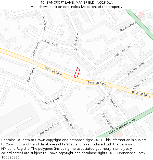 40, BANCROFT LANE, MANSFIELD, NG18 5LN: Location map and indicative extent of plot