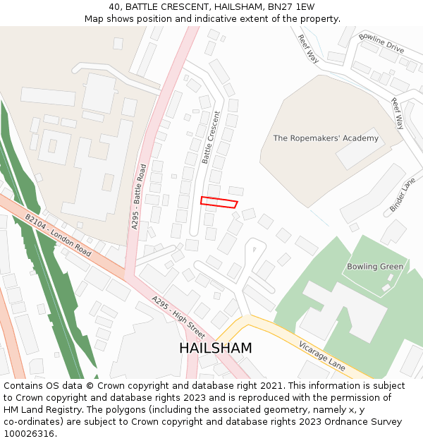 40, BATTLE CRESCENT, HAILSHAM, BN27 1EW: Location map and indicative extent of plot