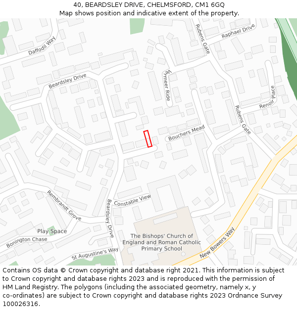 40, BEARDSLEY DRIVE, CHELMSFORD, CM1 6GQ: Location map and indicative extent of plot