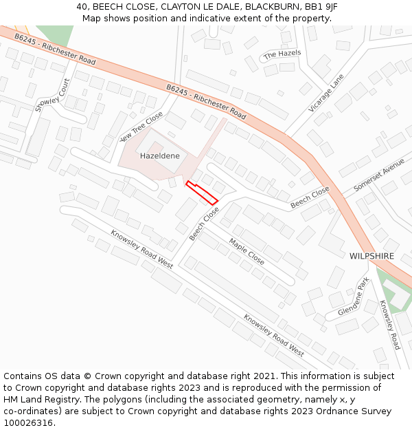 40, BEECH CLOSE, CLAYTON LE DALE, BLACKBURN, BB1 9JF: Location map and indicative extent of plot