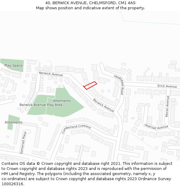 40, BERWICK AVENUE, CHELMSFORD, CM1 4AS: Location map and indicative extent of plot