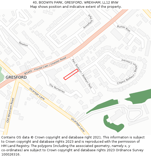 40, BODWYN PARK, GRESFORD, WREXHAM, LL12 8NW: Location map and indicative extent of plot