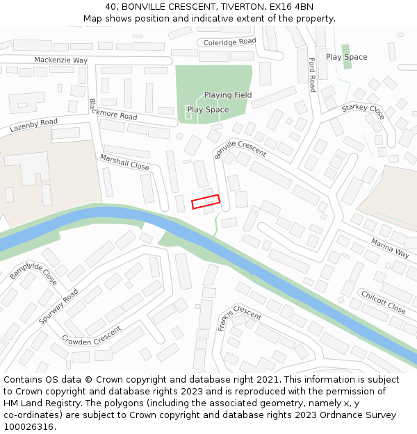 40, BONVILLE CRESCENT, TIVERTON, EX16 4BN: Location map and indicative extent of plot
