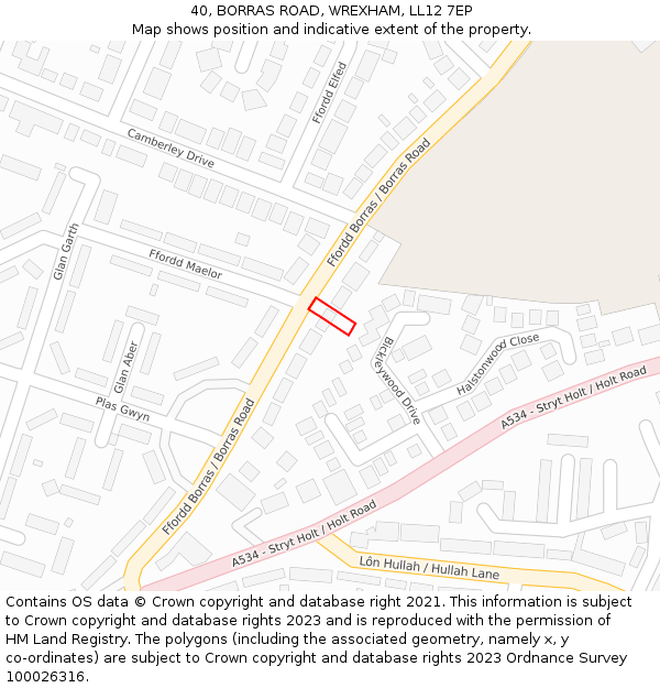 40, BORRAS ROAD, WREXHAM, LL12 7EP: Location map and indicative extent of plot