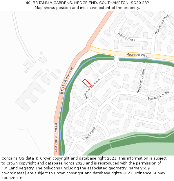 40, BRITANNIA GARDENS, HEDGE END, SOUTHAMPTON, SO30 2RP: Location map and indicative extent of plot