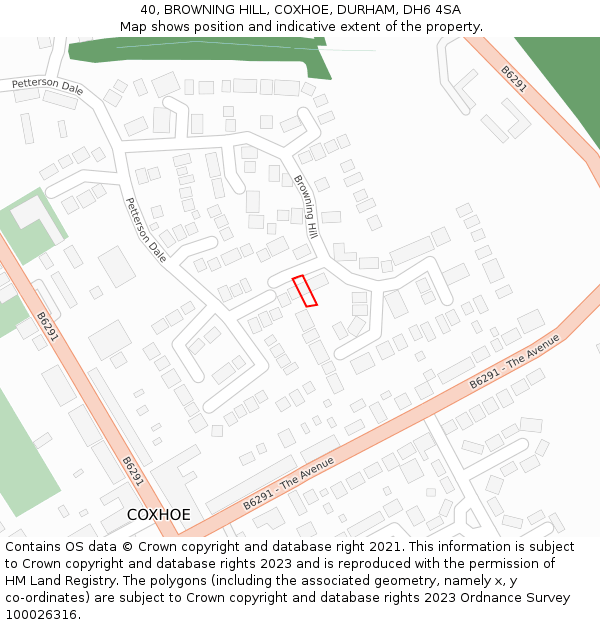 40, BROWNING HILL, COXHOE, DURHAM, DH6 4SA: Location map and indicative extent of plot