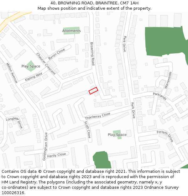 40, BROWNING ROAD, BRAINTREE, CM7 1AH: Location map and indicative extent of plot