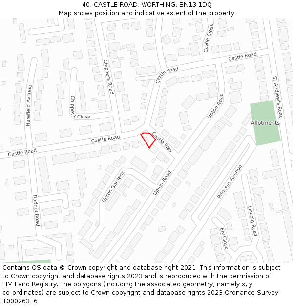 40, CASTLE ROAD, WORTHING, BN13 1DQ: Location map and indicative extent of plot