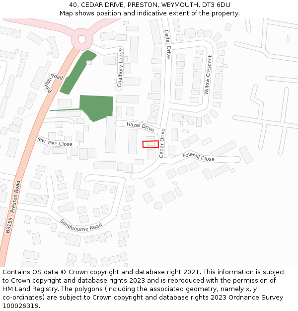 40, CEDAR DRIVE, PRESTON, WEYMOUTH, DT3 6DU: Location map and indicative extent of plot