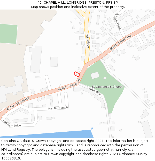 40, CHAPEL HILL, LONGRIDGE, PRESTON, PR3 3JY: Location map and indicative extent of plot