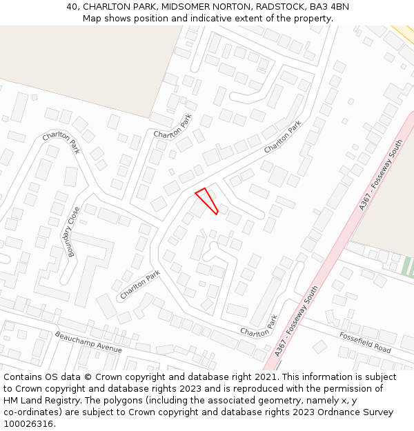 40, CHARLTON PARK, MIDSOMER NORTON, RADSTOCK, BA3 4BN: Location map and indicative extent of plot