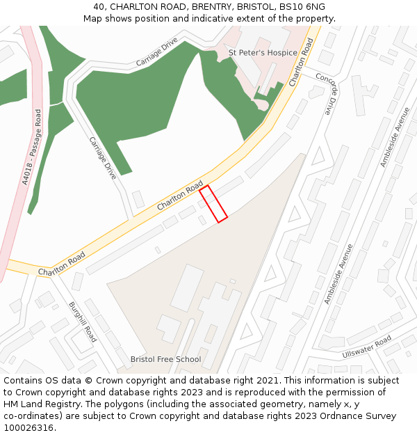40, CHARLTON ROAD, BRENTRY, BRISTOL, BS10 6NG: Location map and indicative extent of plot