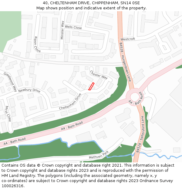 40, CHELTENHAM DRIVE, CHIPPENHAM, SN14 0SE: Location map and indicative extent of plot