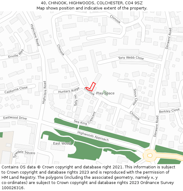 40, CHINOOK, HIGHWOODS, COLCHESTER, CO4 9SZ: Location map and indicative extent of plot