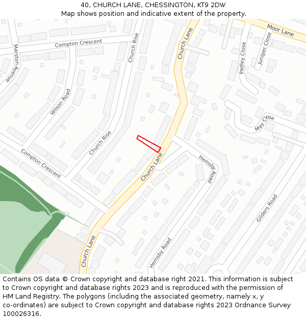 40, CHURCH LANE, CHESSINGTON, KT9 2DW: Location map and indicative extent of plot