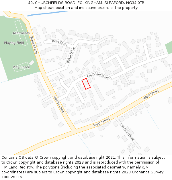 40, CHURCHFIELDS ROAD, FOLKINGHAM, SLEAFORD, NG34 0TR: Location map and indicative extent of plot