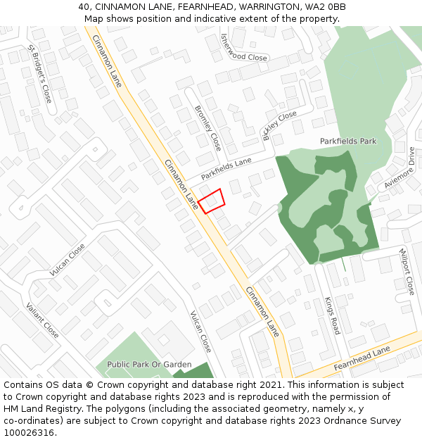 40, CINNAMON LANE, FEARNHEAD, WARRINGTON, WA2 0BB: Location map and indicative extent of plot