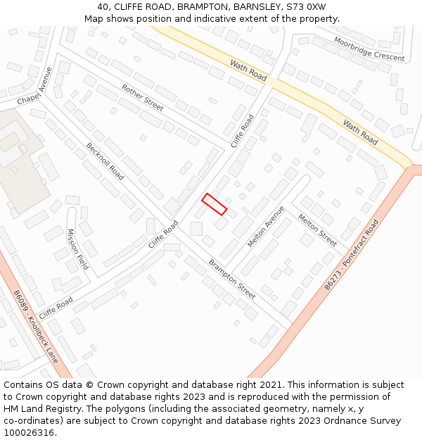 40, CLIFFE ROAD, BRAMPTON, BARNSLEY, S73 0XW: Location map and indicative extent of plot