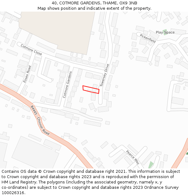 40, COTMORE GARDENS, THAME, OX9 3NB: Location map and indicative extent of plot