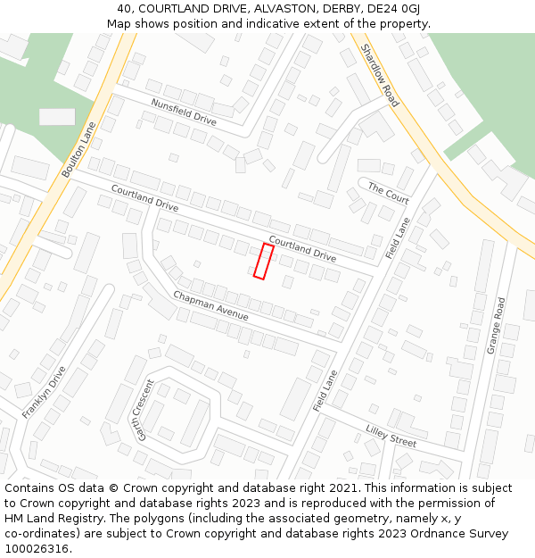40, COURTLAND DRIVE, ALVASTON, DERBY, DE24 0GJ: Location map and indicative extent of plot