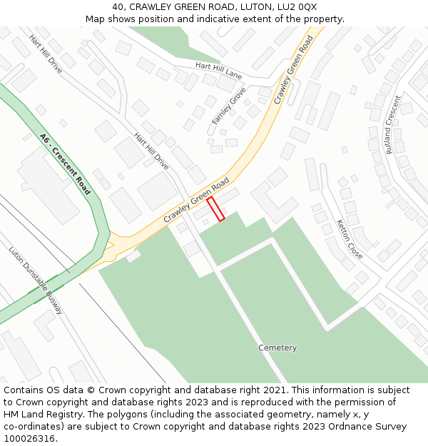 40, CRAWLEY GREEN ROAD, LUTON, LU2 0QX: Location map and indicative extent of plot