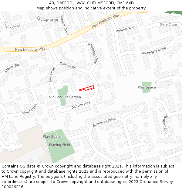 40, DAFFODIL WAY, CHELMSFORD, CM1 6XB: Location map and indicative extent of plot
