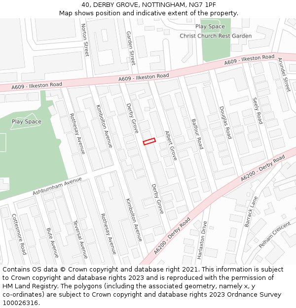 40, DERBY GROVE, NOTTINGHAM, NG7 1PF: Location map and indicative extent of plot