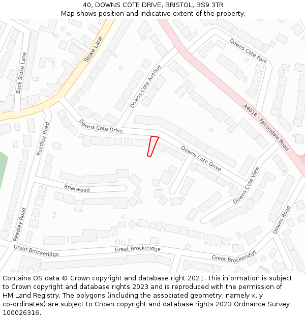40, DOWNS COTE DRIVE, BRISTOL, BS9 3TR: Location map and indicative extent of plot