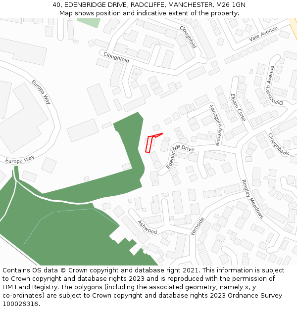 40, EDENBRIDGE DRIVE, RADCLIFFE, MANCHESTER, M26 1GN: Location map and indicative extent of plot