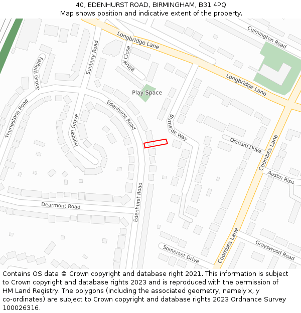 40, EDENHURST ROAD, BIRMINGHAM, B31 4PQ: Location map and indicative extent of plot