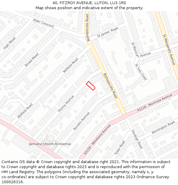 40, FITZROY AVENUE, LUTON, LU3 1RS: Location map and indicative extent of plot