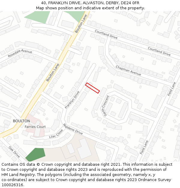 40, FRANKLYN DRIVE, ALVASTON, DERBY, DE24 0FR: Location map and indicative extent of plot
