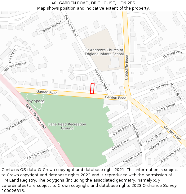 40, GARDEN ROAD, BRIGHOUSE, HD6 2ES: Location map and indicative extent of plot