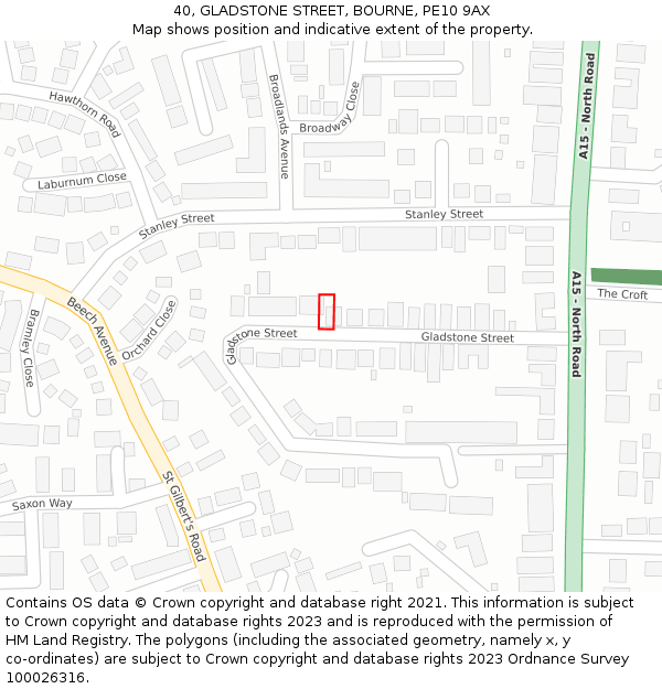 40, GLADSTONE STREET, BOURNE, PE10 9AX: Location map and indicative extent of plot