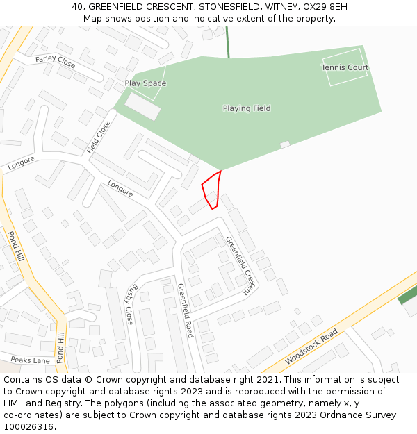 40, GREENFIELD CRESCENT, STONESFIELD, WITNEY, OX29 8EH: Location map and indicative extent of plot