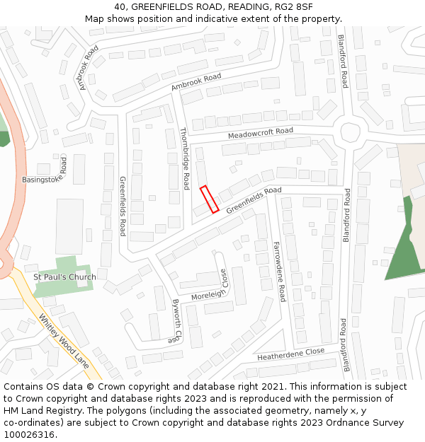 40, GREENFIELDS ROAD, READING, RG2 8SF: Location map and indicative extent of plot