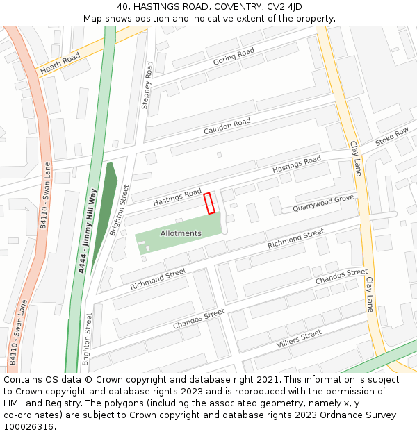 40, HASTINGS ROAD, COVENTRY, CV2 4JD: Location map and indicative extent of plot