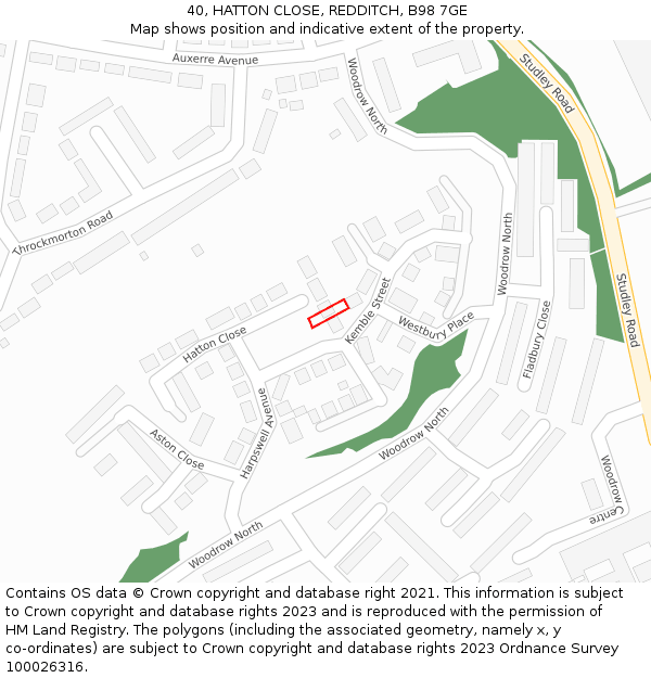 40, HATTON CLOSE, REDDITCH, B98 7GE: Location map and indicative extent of plot