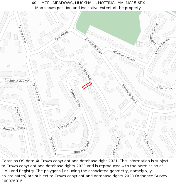 40, HAZEL MEADOWS, HUCKNALL, NOTTINGHAM, NG15 6BX: Location map and indicative extent of plot
