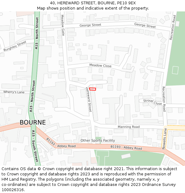 40, HEREWARD STREET, BOURNE, PE10 9EX: Location map and indicative extent of plot