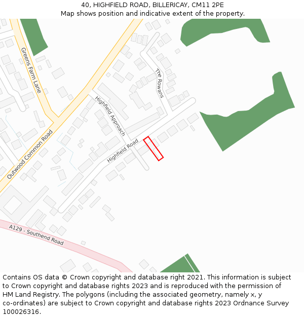 40, HIGHFIELD ROAD, BILLERICAY, CM11 2PE: Location map and indicative extent of plot