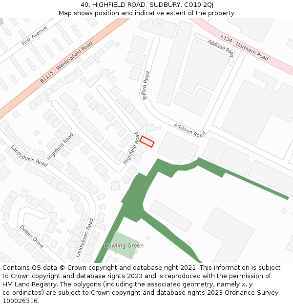 40, HIGHFIELD ROAD, SUDBURY, CO10 2QJ: Location map and indicative extent of plot