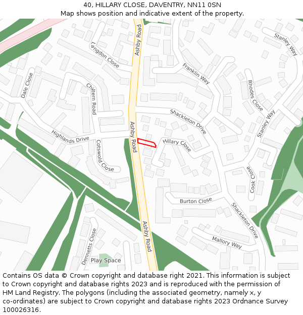 40, HILLARY CLOSE, DAVENTRY, NN11 0SN: Location map and indicative extent of plot
