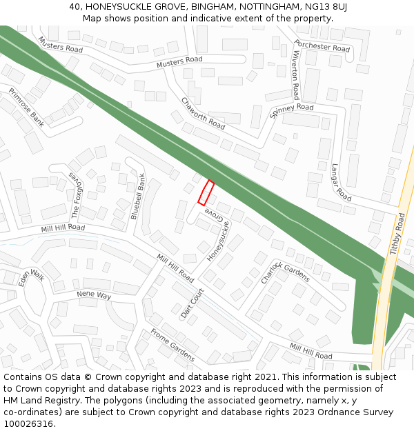 40, HONEYSUCKLE GROVE, BINGHAM, NOTTINGHAM, NG13 8UJ: Location map and indicative extent of plot