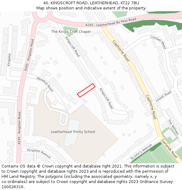 40, KINGSCROFT ROAD, LEATHERHEAD, KT22 7BU: Location map and indicative extent of plot