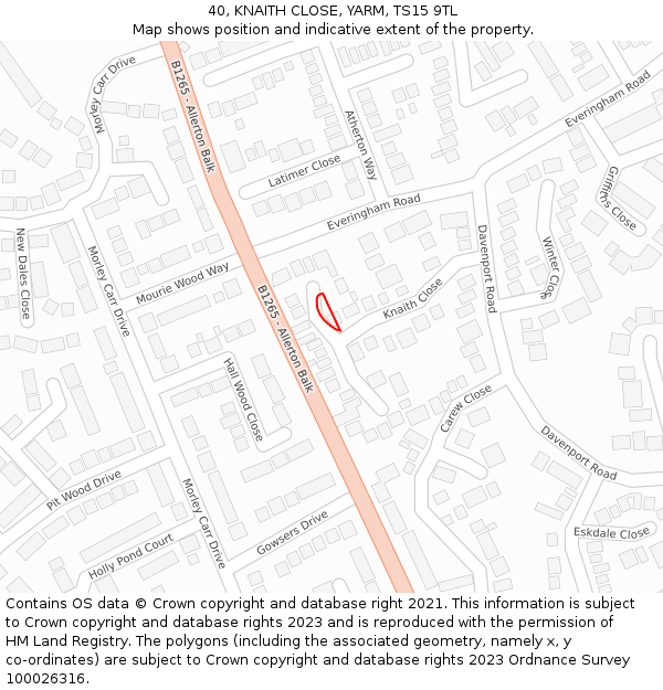 40, KNAITH CLOSE, YARM, TS15 9TL: Location map and indicative extent of plot