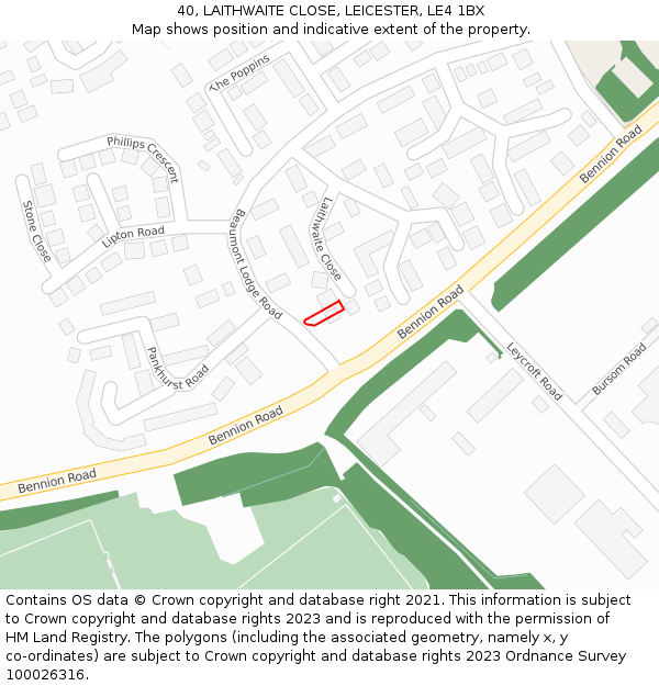 40, LAITHWAITE CLOSE, LEICESTER, LE4 1BX: Location map and indicative extent of plot