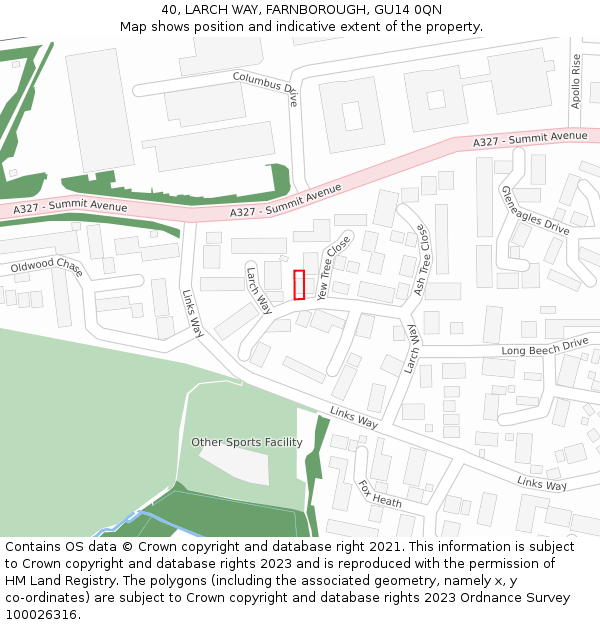 40, LARCH WAY, FARNBOROUGH, GU14 0QN: Location map and indicative extent of plot